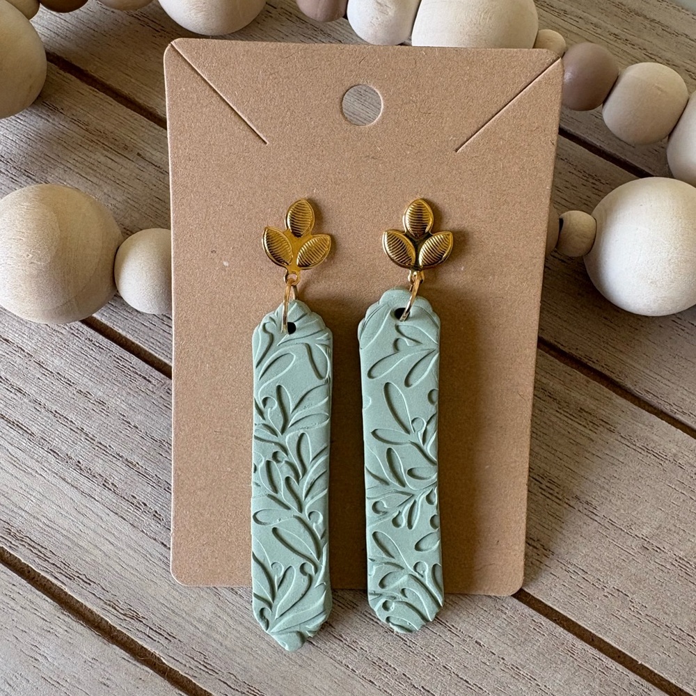 Handmade Sage Green Leaf Embossed Earrings - Gold Leaf Studs Boho Chic Jewelry
